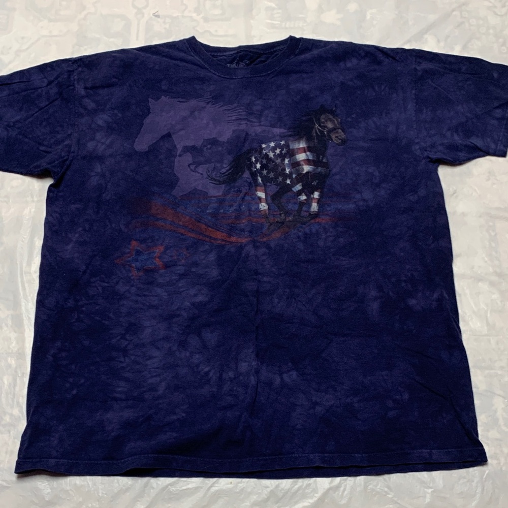 The Mountain Horse American Flag Print Blue Tie Dye Vintage T Shirt Size 3XL